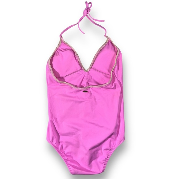 VICTORIAS SECRET Hot Pink Halter One Piece Exposed Stitch Plunge V-Neck S - Picture 2 of 5